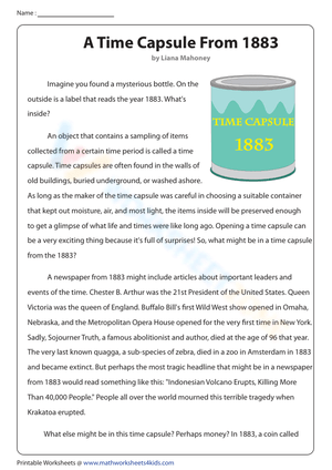 A Time Capsule From 1883 Reading Comprehension Passage