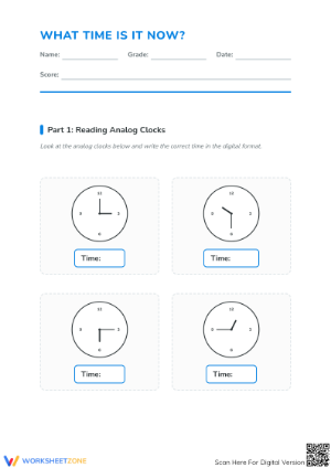 Printable Telling Time Worksheet: Grade 2-4 Math Practice