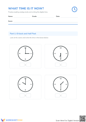 Grade 2-4 Telling Time — Printable No-Prep Worksheet