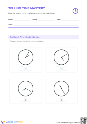Printable Telling Time Mastery Worksheet | Grade 2-4 Aligned