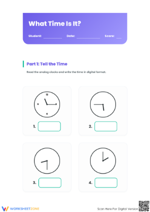Printable Telling Time Worksheet: Grades 2-4 Math Skills