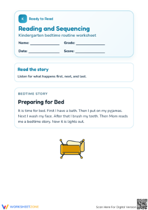 Printable Grade K Bedtime Routine Sequencing Worksheet