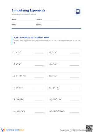 Printable Simplifying Exponents Worksheet | Grade 8 Math