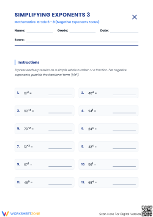 Negative Exponents Practice Worksheet | Grade 8 Essential