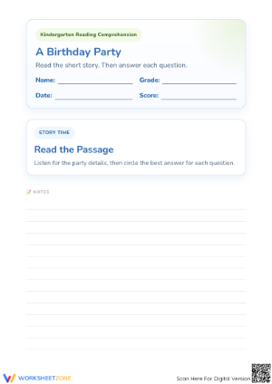 Printable Kindergarten ELA: Birthday Party Reading Worksheet