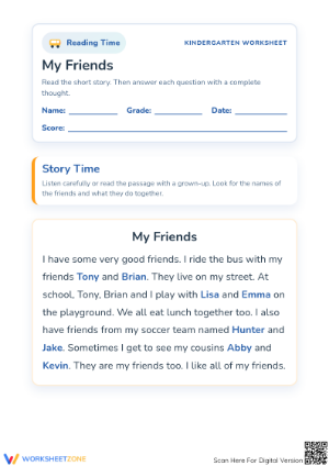 Grade K Reading: My Friends — Printable No-Prep Worksheet