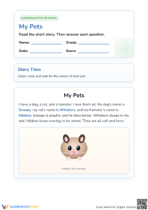 Printable Kindergarten Reading Worksheet: My Pets Story