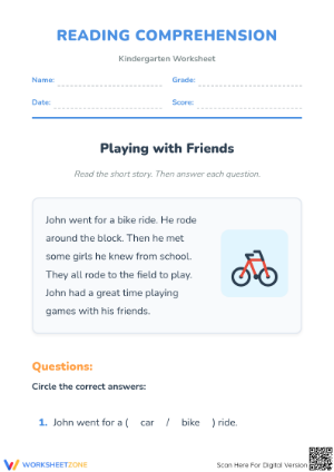 Grade K Reading Comprehension — Printable No-Prep Worksheet