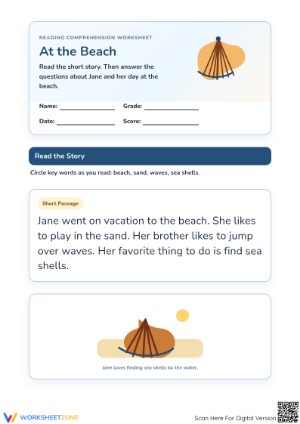 At the Beach Reading Comprehension | Grade 1-3 Printable