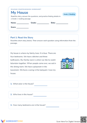 My House Reading Comprehension | Essential Grade 1 Printable