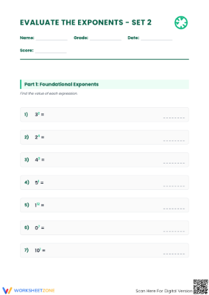 Evaluate Exponents Worksheet | Grade 6-8 Essential Practice