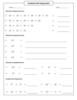 Evaluating and Writing Exponents Practice Worksheet