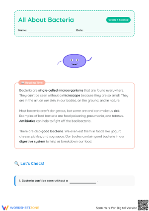 Printable Bacteria Reading Worksheet | Grade 1 ELA