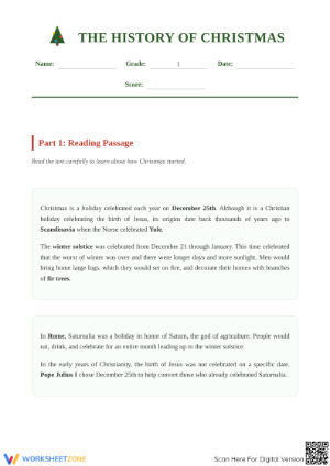 Printable History of Christmas Worksheet | Grade 1 ELA