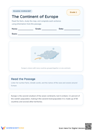 Grade 1 Europe Continent — Printable No-Prep Worksheet