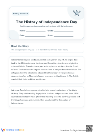 Printable Independence Day History Worksheet | Grade 1 ELA