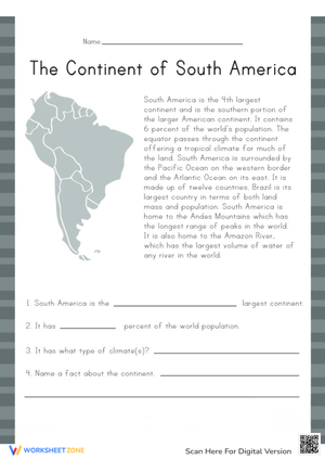 North America Facts Worksheet for Students