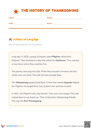 Essential Thanksgiving History Reading Worksheet — Grade 1
