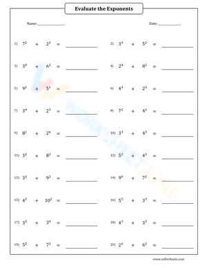 Evaluating Exponents And Addition Worksheet