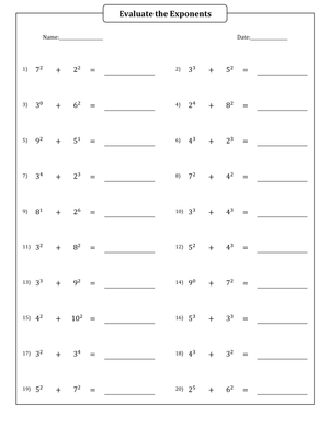 Evaluating Exponents And Addition Worksheet