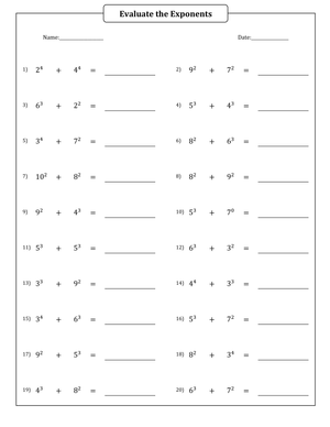 Evaluating Exponents Addition Math Worksheet
