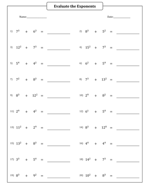 Evaluate The Exponents Addition Practice Worksheet