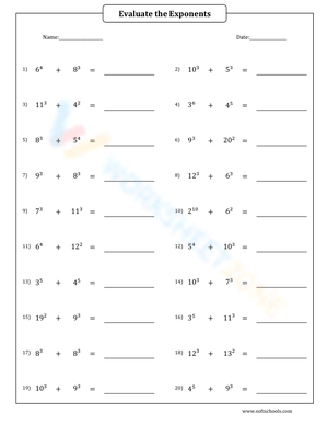 Evaluating Exponents and Addition Practice Worksheet