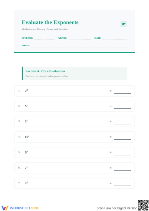 Evaluate Exponents Worksheet | Grade 6-8 Printable