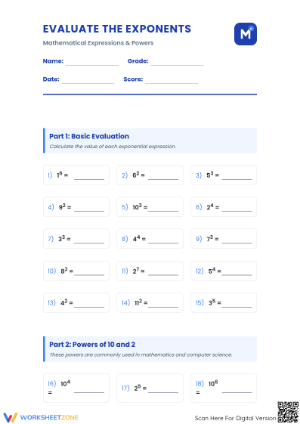 Evaluate Exponents Worksheet | Grade 6 Essential