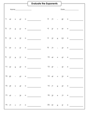 Evaluating Exponents with Mixed Operations Worksheet