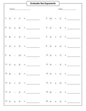 Evaluating Exponents And Power Operations Worksheet