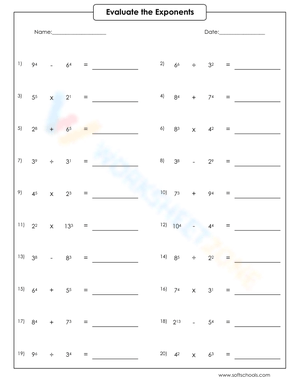 Evaluating Exponents Math Practice Worksheet