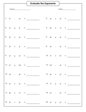 Evaluating Exponents Math Practice Worksheet