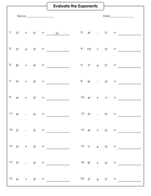 Evaluate Exponents With Mixed Operations Math Worksheet