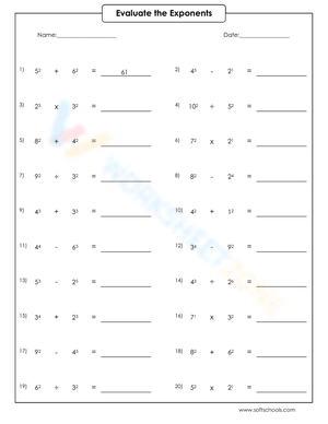 Evaluate Exponents With Mixed Operations Math Worksheet