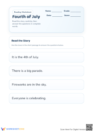 Grade 1 4th of July Reading — Printable No-Prep Worksheet