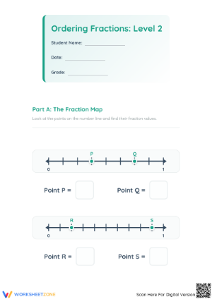Printable Ordering Fractions on a Number Line Level 2
