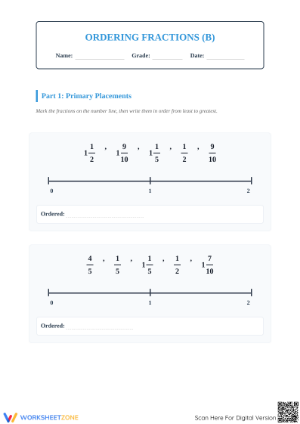 Printable Ordering Fractions on a Number Line Worksheet
