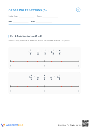 Printable Ordering Fractions on a Number Line Worksheet