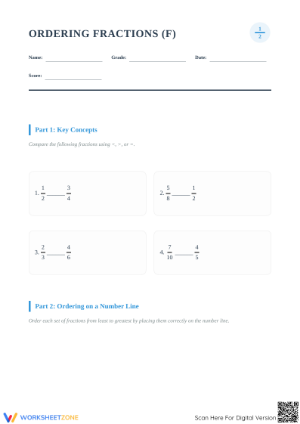Printable Ordering Fractions on a Number Line Worksheet