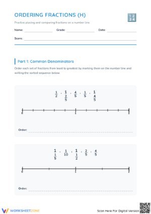 Printable Ordering Fractions on a Number Line Worksheet