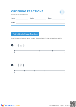 Printable Ordering Fractions on a Number Line | Grade 3