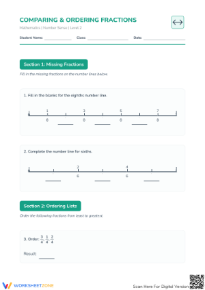 Printable Ordering Fractions on a Number Line Worksheet