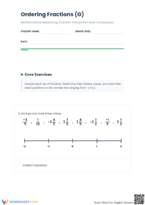 Printable Ordering Fractions on a Number Line Worksheet