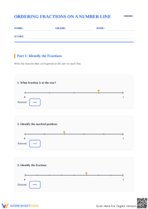 Printable Ordering Fractions on a Number Line Worksheet