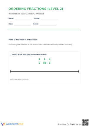 Printable Ordering Fractions on a Number Line Worksheet