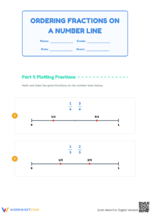 Printable Ordering Fractions on a Number Line | Grades 3-4