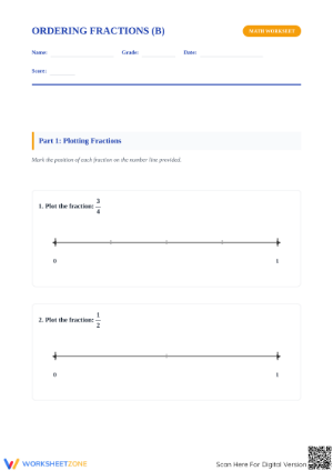 Printable Ordering Fractions on a Number Line Worksheet