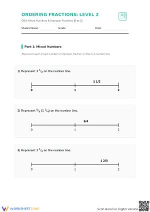 Printable Ordering Fractions on a Number Line Worksheet