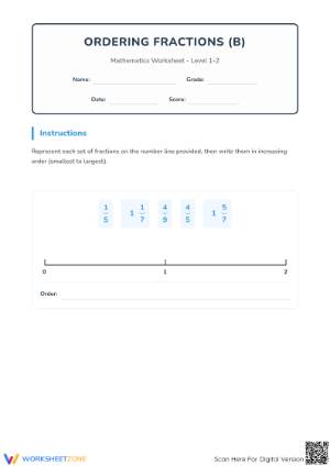 Printable Ordering Fractions on a Number Line Worksheet